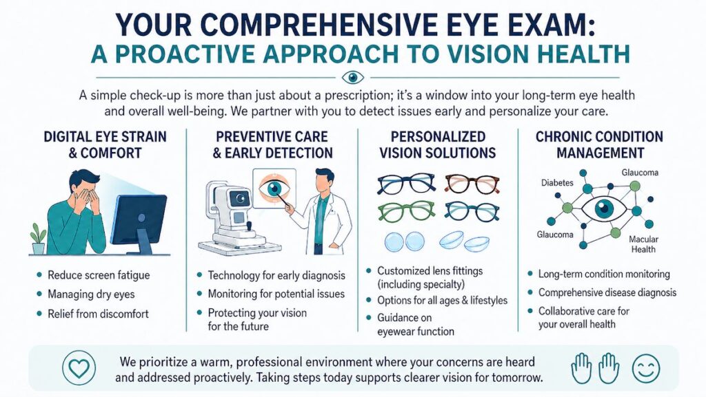 An infographic titled Your Comprehensive Eye Exam: A Proactive Approach to Vision Health. The graphic outlines four core pillars of eye care provided by Spectrum Eye Care: Digital Eye Strain and Comfort, Preventative Care and Early Detection, Personalized Vision Solutions, and Chronic Condition Management. Each section features a small illustration and bullet points explaining the services, such as reducing screen fatigue, using advanced diagnostic technology, fitting customized lenses, and monitoring chronic conditions like diabetes and glaucoma.