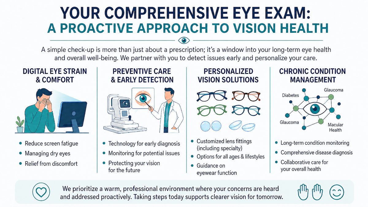 An infographic titled Your Comprehensive Eye Exam: A Proactive Approach to Vision Health. The graphic outlines four core pillars of eye care provided by Spectrum Eye Care: Digital Eye Strain and Comfort, Preventative Care and Early Detection, Personalized Vision Solutions, and Chronic Condition Management. Each section features a small illustration and bullet points explaining the services, such as reducing screen fatigue, using advanced diagnostic technology, fitting customized lenses, and monitoring chronic conditions like diabetes and glaucoma.