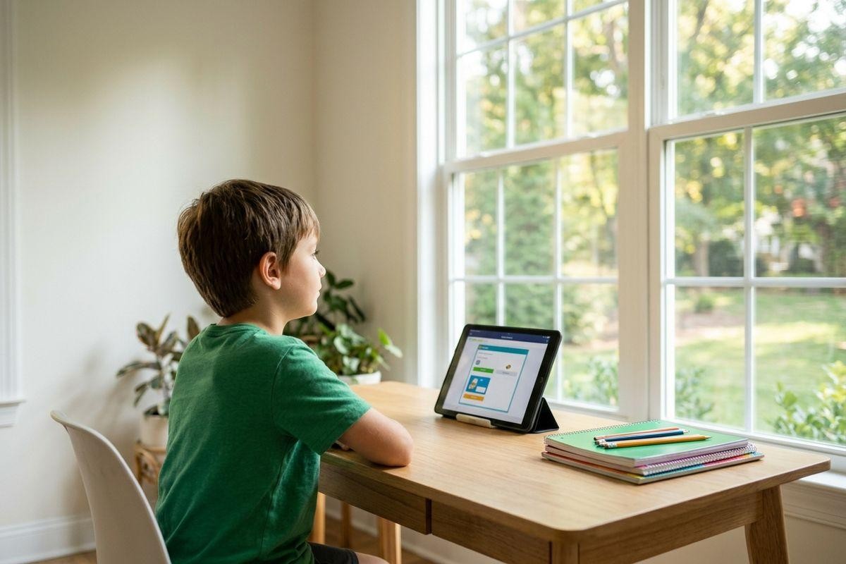 Child sitting at a wooden desk by a window, looking at a tablet screen, with notebooks and pencils nearby.