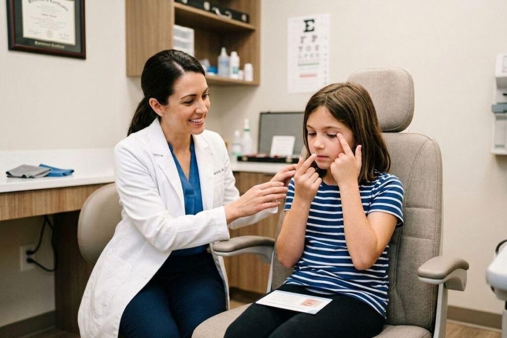 Smiling optometrist teaching a child how to insert a contact lens in an eye exam room with an eye chart on the wall.