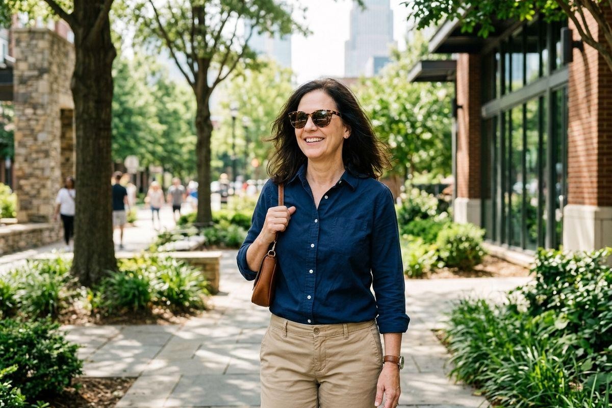 Adult smiling while walking along a tree-lined urban sidewalk, wearing sunglasses and carrying a brown shoulder bag.