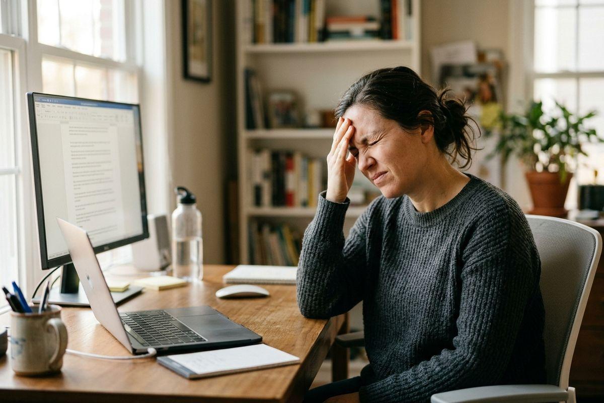 Adult sitting at a home desk with a laptop and monitor, pressing a hand to their forehead with eyes closed, appearing distressed.
