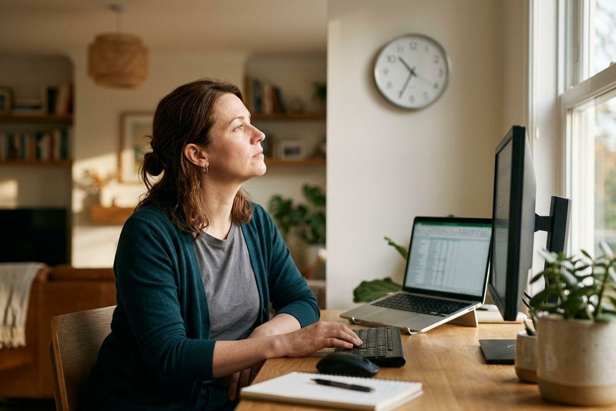 Adult sitting at a home office desk with a keyboard, laptop, and monitor, gazing toward a window with a thoughtful expression.