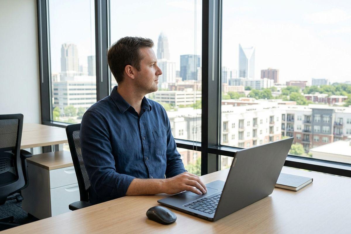 Adult sitting at an office desk with a laptop, gazing out a large window overlooking a city skyline.