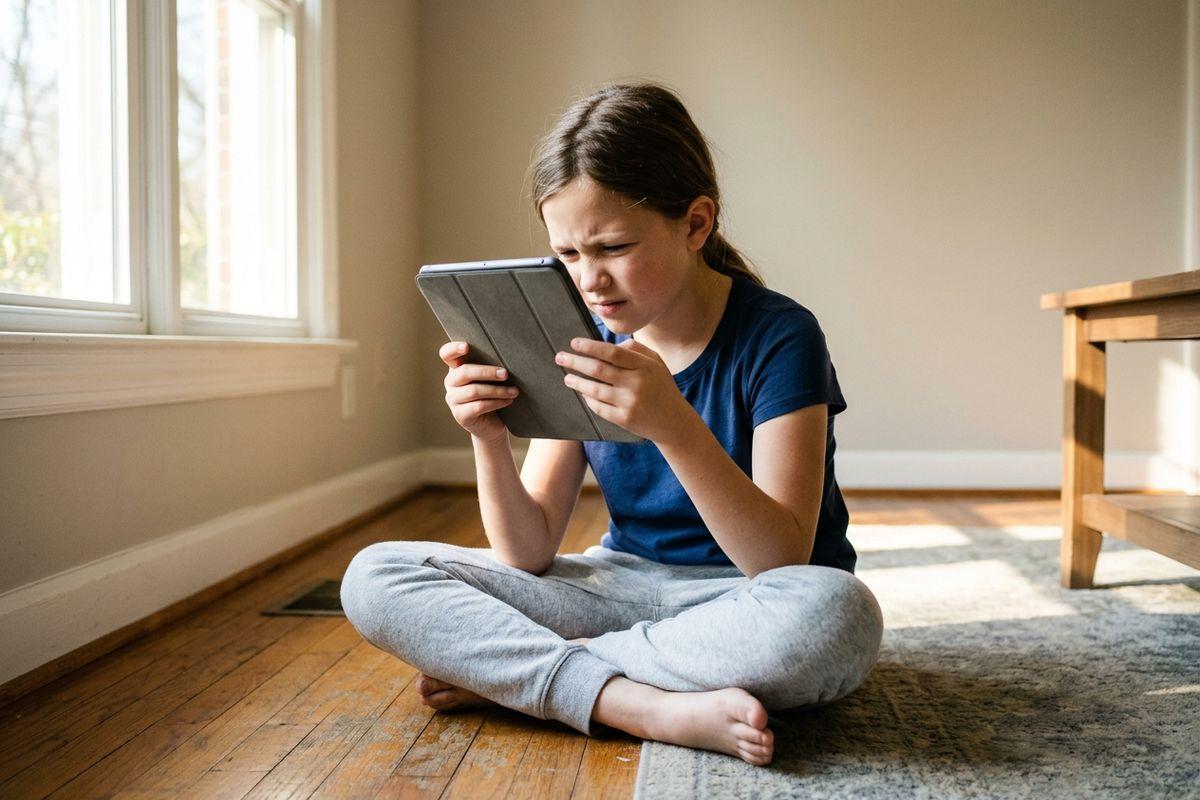 Child sitting cross-legged on a floor, squinting while holding a tablet close to their face near a sunlit window.