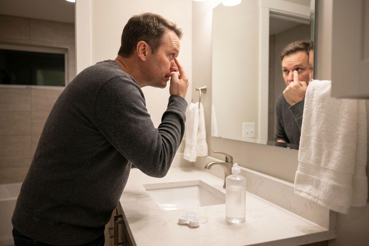 Adult leans toward a bathroom mirror, finger to eye inserting a contact lens, with a lens case and solution bottle on the sink counter.