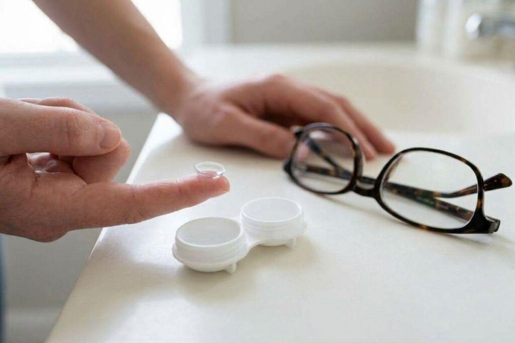 Person holds a contact lens on a fingertip above a bathroom counter with an open lens case and tortoiseshell eyeglasses beside a sink.
