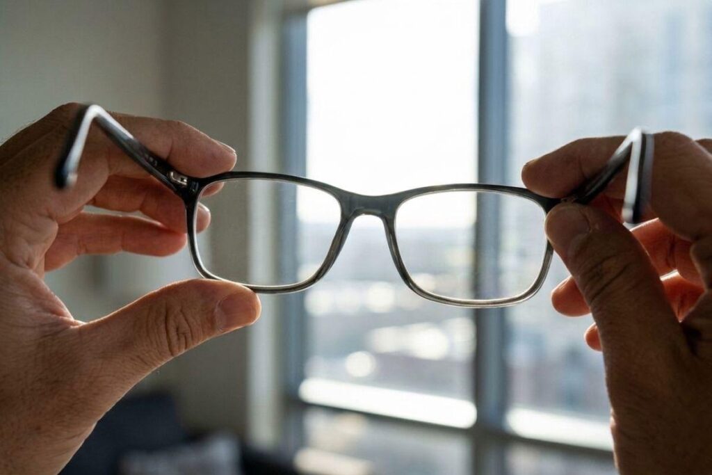 Hands holding up a pair of gray rectangular eyeglasses toward a bright window, with a blurred city view in the background.