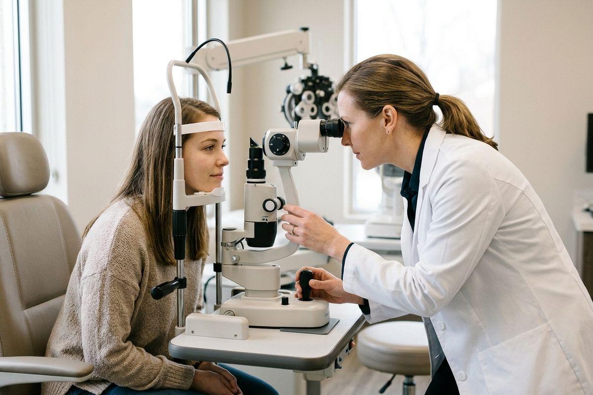 Optometrist looks through a slit lamp to examine the eyes of a seated adult patient resting their head in the chin rest in a bright eye exam room.